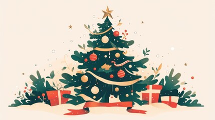 Wall Mural - A 2d cartoon illustration isolated on a background depicts a Christmas tree adorned with balls a star on top all crafted from twigs