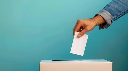 Wall Mural - Voting for the usa election, a hand putting a ballot paper into a ballot box on a color background with copy space