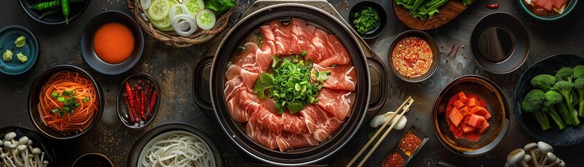 Wall Mural - Top view of a Japanese izakaya table showcasing a hot pot of sukiyaki, surrounded by fresh ingredients and dipping sauces