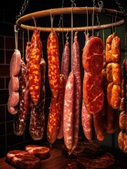 Wall Mural - A row of sausages suspended from a wooden rack, ready for cooking or display