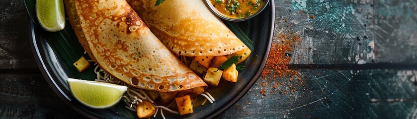 Wall Mural - Top view of a serving of masala dosa, showcasing the crispy crepe filled with spiced potatoes, served with sambar and coconut chutney