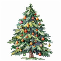 Wall Mural - This watercolor clip art features a festive Christmas tree decorated with colorful ornaments.