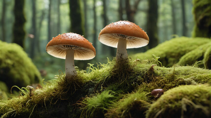 Observing the delicate interactions between mushrooms and moss in the jungle, capturing the essence of their symbiotic relationship, Generative AI