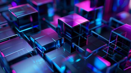3d rendering of blue and purple glass squares on black background. Abstract futuristic technology wallpaper with geometric shapes