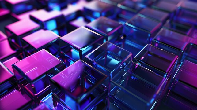 3d rendering of blue and purple glass squares on black background. Abstract futuristic technology wallpaper with geometric shapes