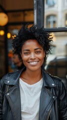 Wall Mural - A woman in her late thirties, wearing a black leather jacket, smiles directly at the camera