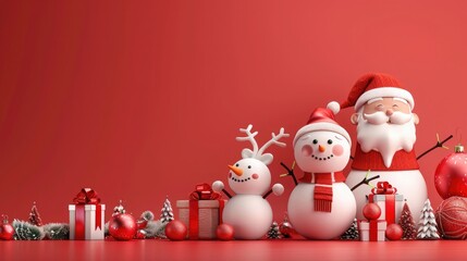 Wall Mural - Christmas family. Santa Claus, Elf, Snowman and Reindeer on red background with copy space. 3D Rendering, 3D Illustration