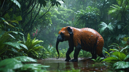 Wall Mural - Rainforest Rendezvous: Meeting Rain-loving Creatures Amidst Lush Vegetation After a Shower, Generative AI