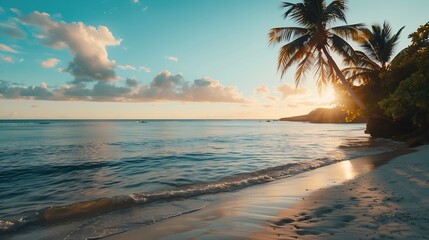 Wall Mural - Caribbean dream beach with palm trees white sandy beach and turquoise crystal clear water in the sea Shallow bay in the sunset Plage de Sainte Anne Grande Terre Guadeloupe French Antil : Generative AI