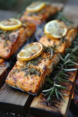 Wall Mural - Grilled salmon fillets accompanied by sliced lemons and fragrant rosemary cooking on a grill