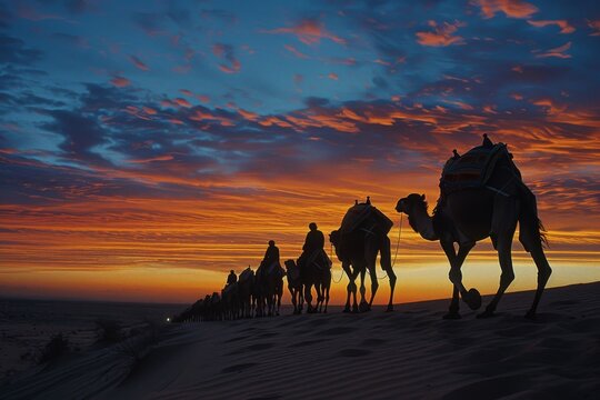 People riding camels in the desert at sunset, enjoying the natural landscape