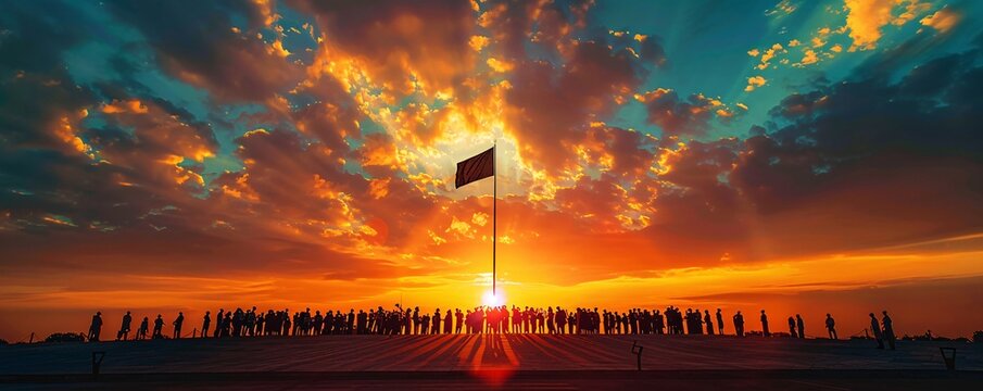 A dramatic sunset casts a golden glow as a group of citizens participate in a flag-raising ceremony, symbolizing unity and freedom. The expansive sky provides ample copy space.