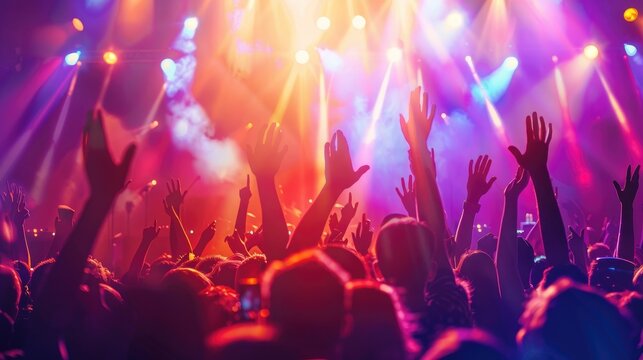 Close up of crowd with raised hands at concert, live music show background. Illuminated stage and silhouettes of people having fun in night club. Vertical banner. High quality.