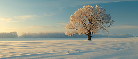 Snowcovered field with a single tree