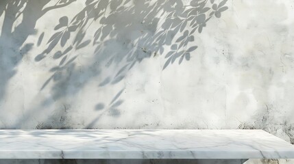 Poster - White Marble Table with Tree Shadow on Concrete Wall Texture Background Suitable for Product Presentation Backdrop Display and Mock up : Generative AI