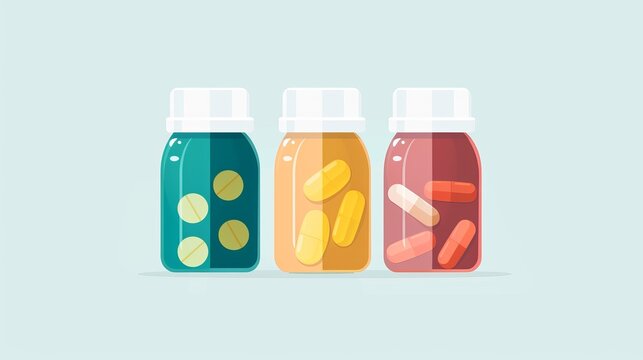 Three colorful bottles of medical pills and capsules on a light background, representing vitamins or supplements in various colors and shapes.
