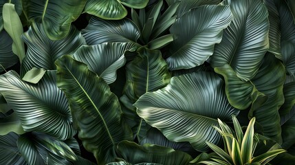 Poster - green ribbed plantain plant beautiful floral background 3d render : Generative AI