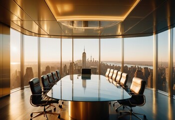 Corporate boardroom with a transparent glass wall offering a stunning panoramic view of the dynamic New York City cityscape.
