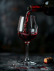 A glass of red wine being filled from a bottle, set against a dark background with grapes, ideal for illustrating wine culture, gourmet dining, and luxurious wine collections