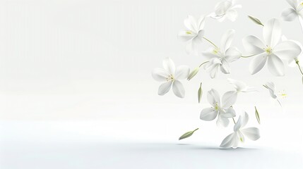 Wall Mural - Jasmine bloom A beautifull white flower of Jasmine falling in the air isolated on white background Levitation or zero gravity concept High resolution image : Generative AI