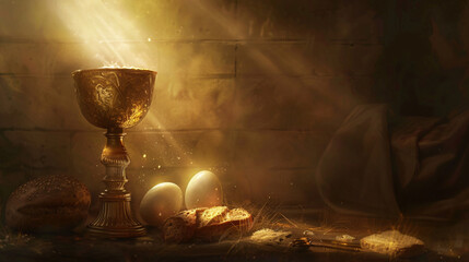 Golden chalice with wine, bread, and egg in soft light