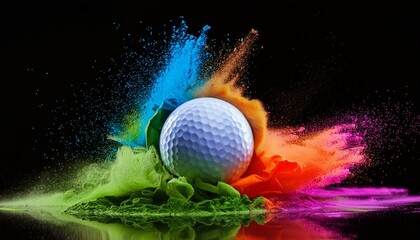 Golf ball in explosion of colored neon powder isolated on black background