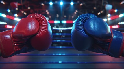 Wall Mural - Red and blue gloves in boxing arena