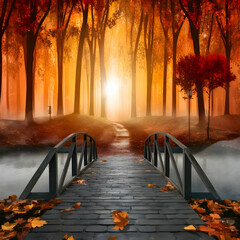 Autumn nature landscape. Lake bridge in fall forest. Path way in gold woods. Romantic view image scene. Magic misty sunset pond.

Red color tree leaf park. Calm bright light, city sunrise, sunlight su