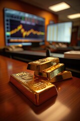 Investing in gold concept. Gold bars on a desk with charts showing gold trading trends on displays in the background