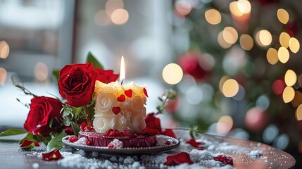 Wall Mural - Alphabet shaped Candle on Birthday Table with Red Roses and Snow in Winter