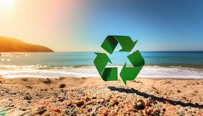 Wall Mural - Green recycle symbol or eco sign on the beach and blurred sea background, sustainability and protect enviornment concept.