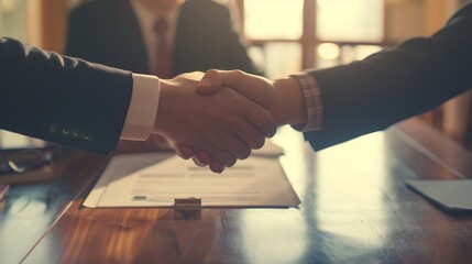 Wall Mural - Two professionals shaking hands over a signed business document, symbolizing a completed agreement