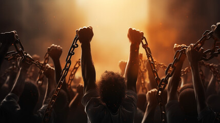 Human rights day illustration with raised hand breaks the chain.  People raising clenched hands in the air in labor day protest in colorful illustration