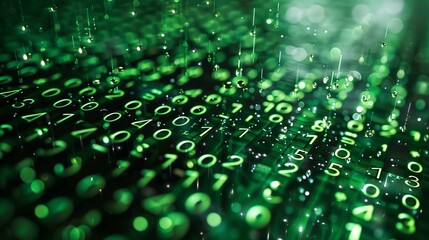 Concept cyber attack with green glowing binary code background falling green glowing numbers, information hacker phishing computer