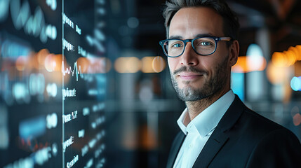 Portrait of a handsome businessman in a suit and glasses standing against a digital data background