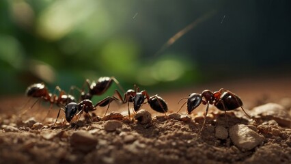 Ants Using Their Powerful Jaws for Defense, Hunting, and Nest Construction
