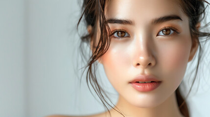 Close-up portrait of a beautiful young woman with glowing skin and dark hair.  She looks directly at the camera with a soft and inviting expression.