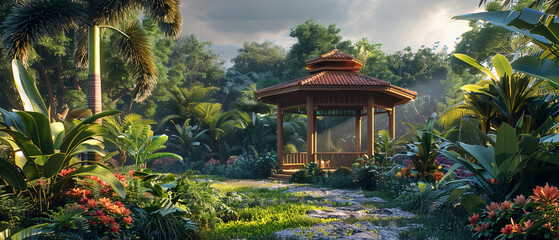 Wall Mural - Tropical residence with a charming gazebo and lush greenery, octane render, 32k, UHD
