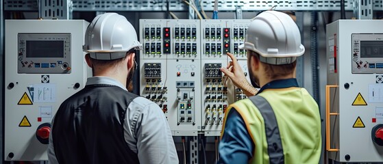 Two electrical engineers in hard hats working on a control panel in an industrial setting, ensuring safety and efficiency in electrical systems.
