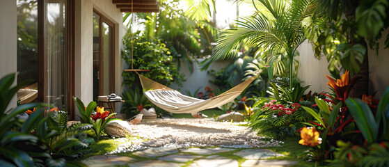 Wall Mural - Tropical residence with a hammock in the garden and palm trees, octane render, 32k, UHD