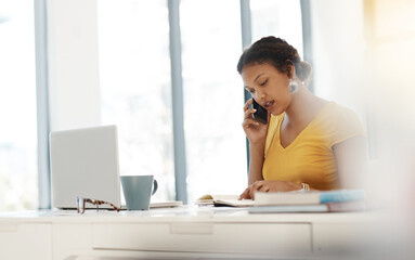 Poster - Woman, workplace and laptop with phone call for business, planning for website development or startup company. Female entrepreneur, serious communication with mobile tech, conversation in office