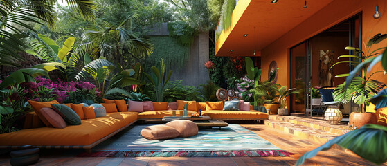 Wall Mural - Tropical residence with colorful outdoor lounge area and exotic plants, octane render, 32k, UHD