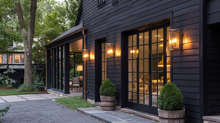 Steel sconces adorn the dark exterior