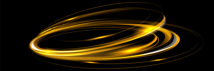 Sticker - White shiny sparks spiral wave. A curved bright line of speed is spinning. Shiny wavy path. Rotating dynamic neon circle. Magical golden swirl with highlights.