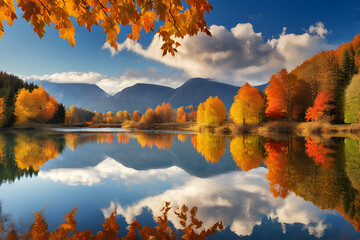 Poster - A stunning landscape showcasing a lake surrounded by colorful fall foliage. The calm water reflects the vibrant trees and mountains, creating a peaceful scene.