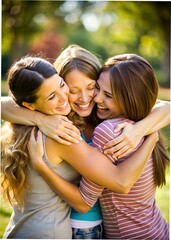 Wall Mural - Three female friends are hugging happily on a summer day at sunset, generated by AI