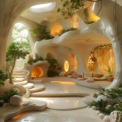 beautiful futuristic interior organic forms with plants green nature