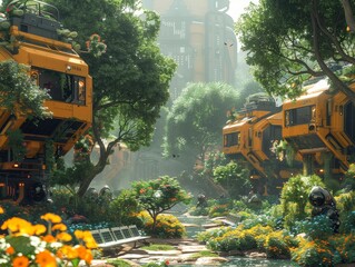 Wall Mural - A scenic illustration of a futuristic park with robotic gardeners and solar-powered benches. 