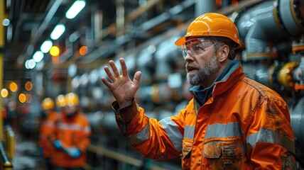 Wall Mural - A Engineer in a safety vest is pointing at a machine