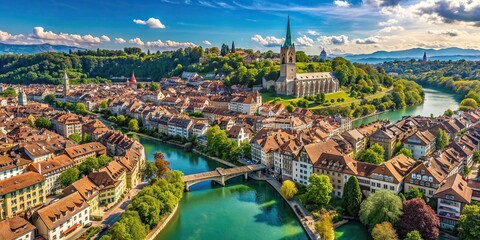 Aerial view of the capital city of Bern in Switzerland, Bern, Switzerland, cityscape, aerial view, European city, UNESCO World Heritage Site, old town, historic buildings, Swiss Alps
